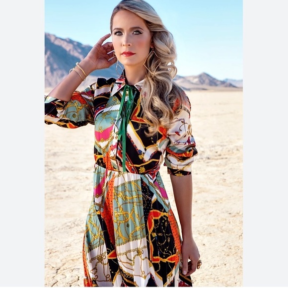 Dalia MacPhee Midi Floral Print Dress Pleated Detailing Ling Sleeves NWOT - Picture 1 of 15